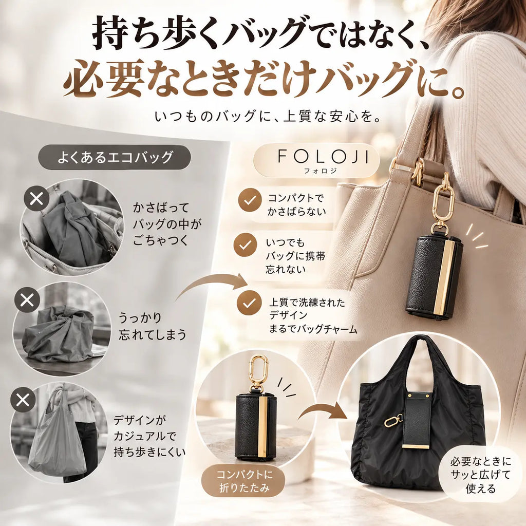 バッグチャームとして持ち歩けるFOLOJI コンパクトエコバッグ