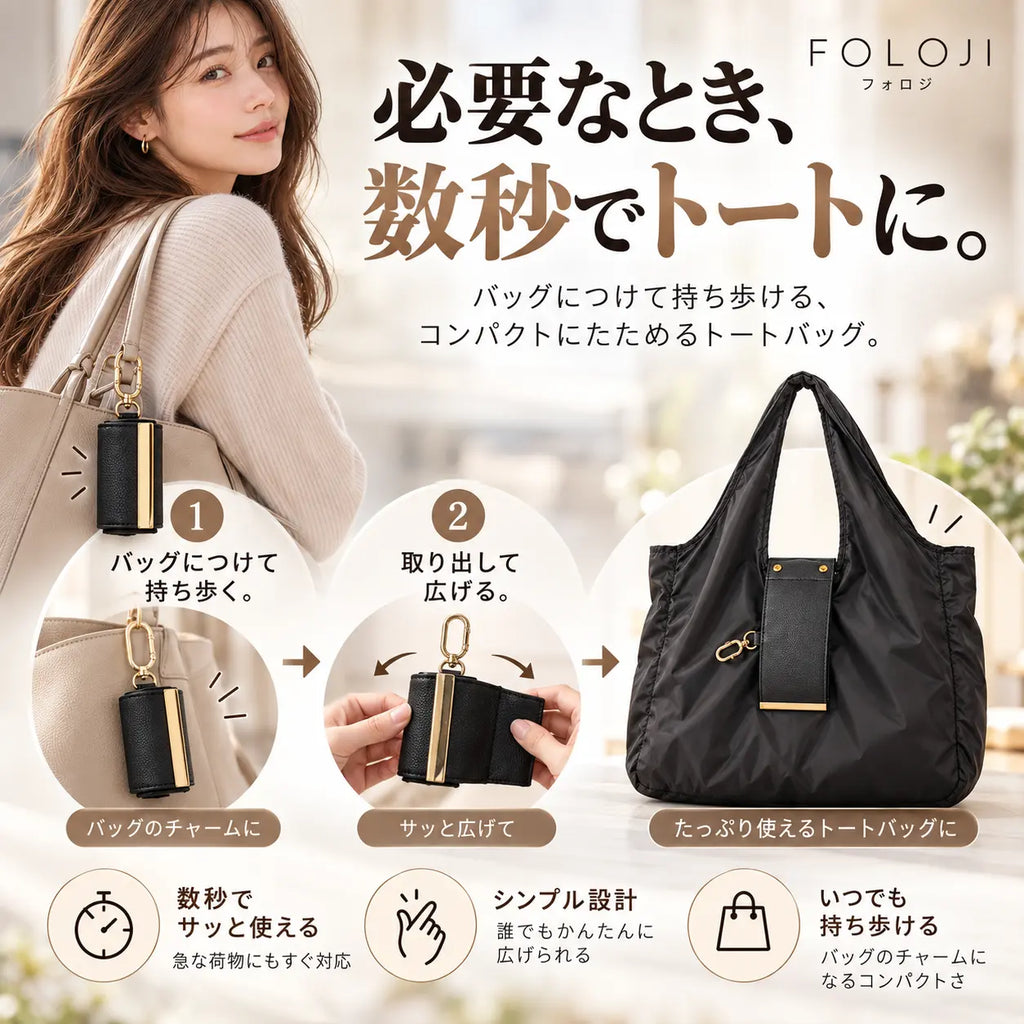 キーホルダーからトートバッグに広がるFOLOJI 折りたたみバッグ